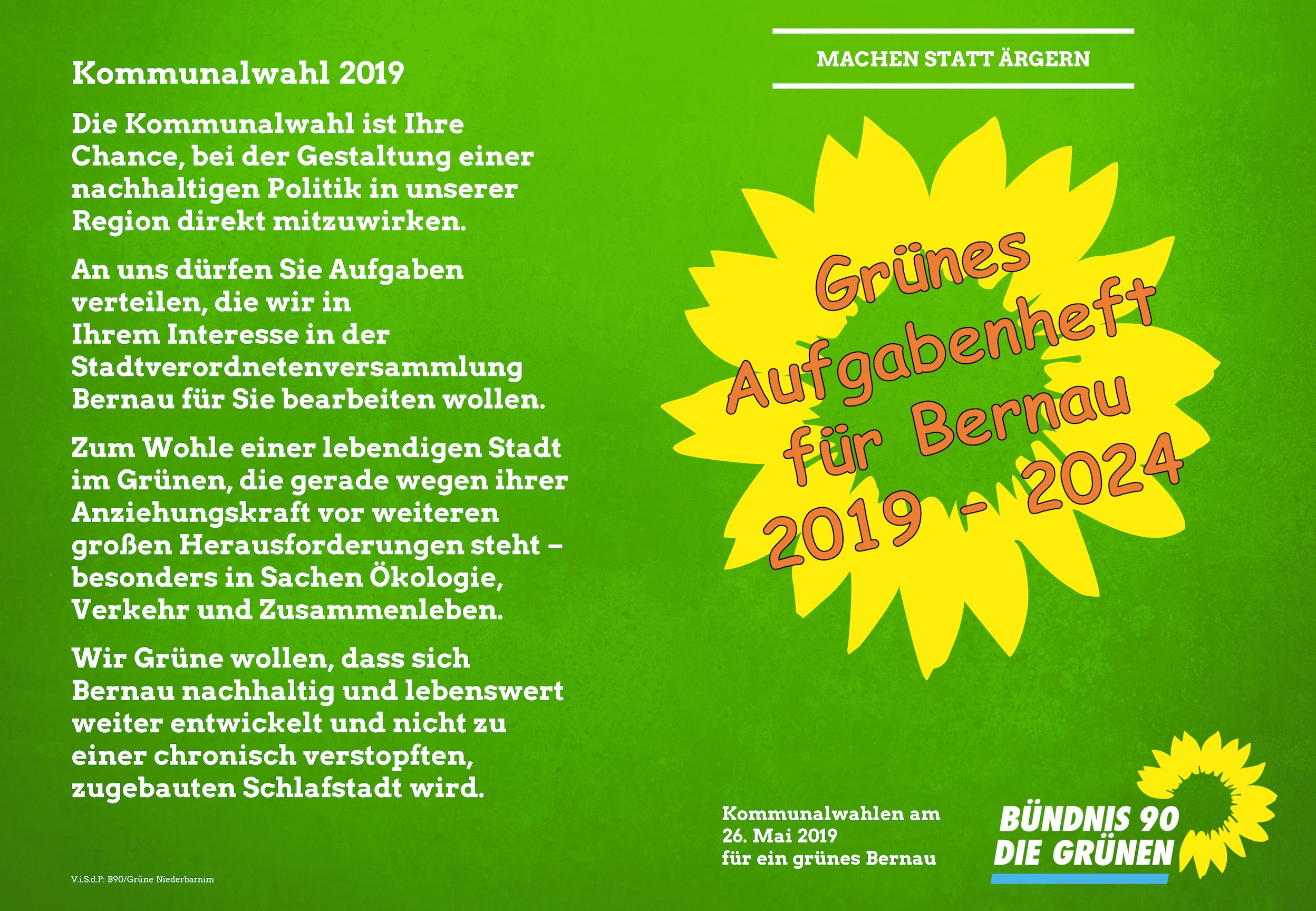 Wahlflyer Bernau 2019 "Grünes Aufgabenheft"